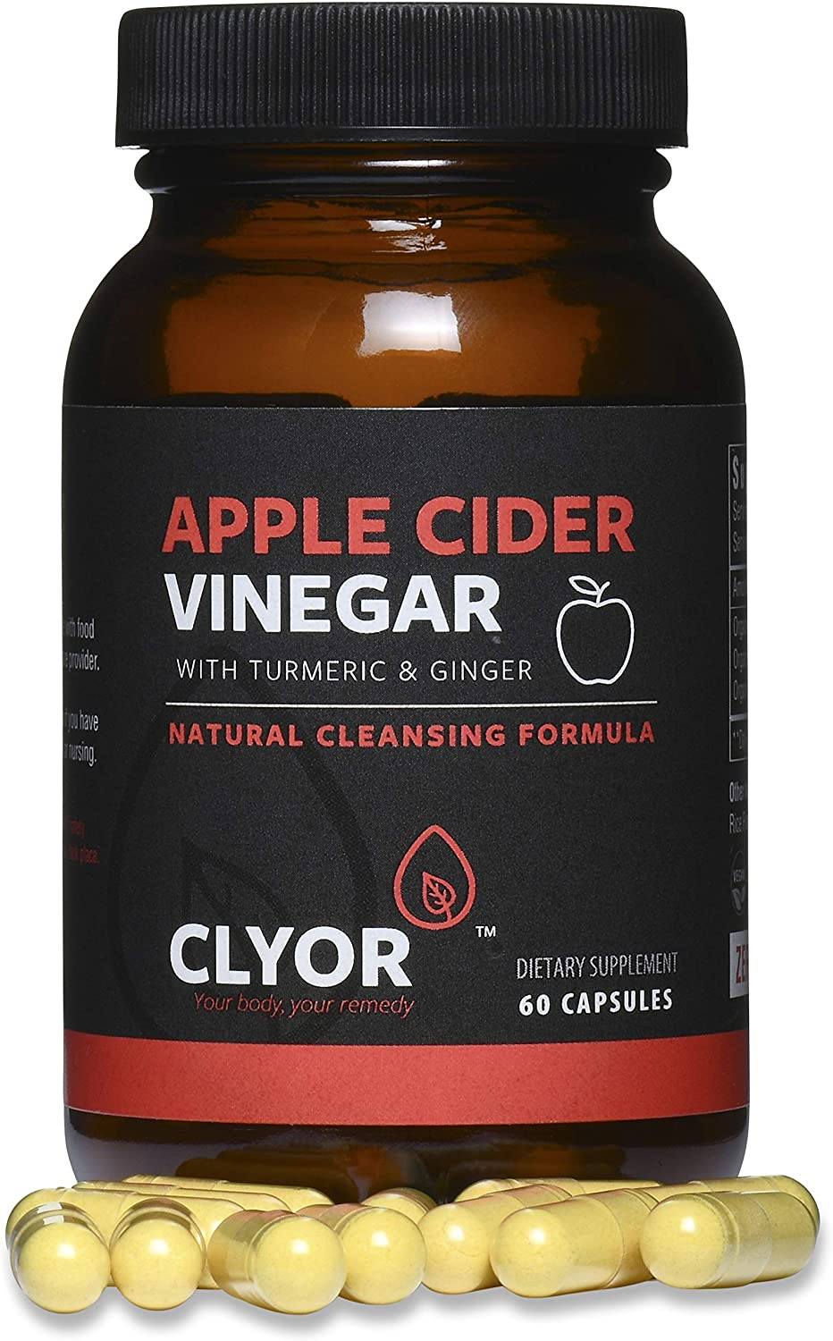 Image of Clyor Apple Cider Vinegar Pills - Organic - with Turmeric, Ginger - Digestion, Detox, Cleanse for Women Men, Boost Immunity | 60 Professional Strength 500mg Vegan, Small Capsules, Kosher