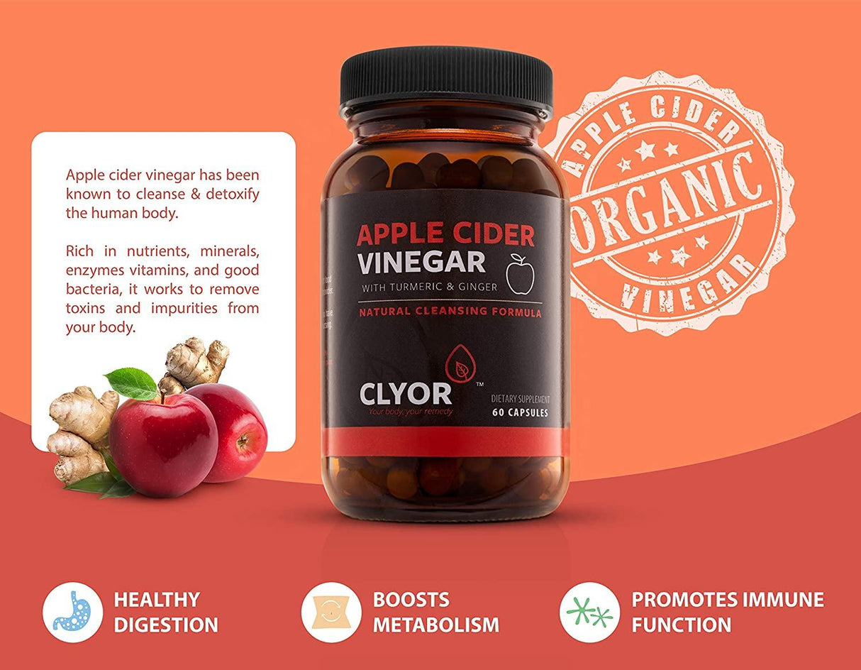 Image of Clyor Apple Cider Vinegar Pills - Organic - with Turmeric, Ginger - Digestion, Detox, Cleanse for Women Men, Boost Immunity | 60 Professional Strength 500mg Vegan, Small Capsules, Kosher