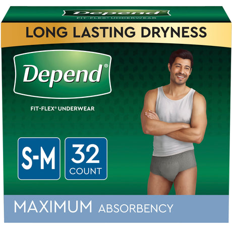 Image of Depend FIT-FLEX Incontinence Underwear for Men, Maximum Absorbency, Small/Medium, Gray, 32 Count