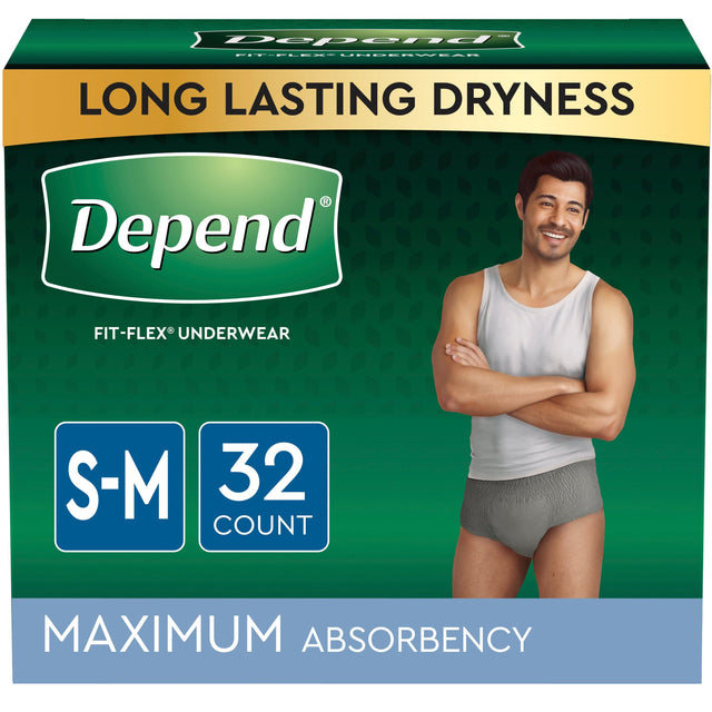 Image of Depend FIT-FLEX Incontinence Underwear for Men, Maximum Absorbency, Small/Medium, Gray, 32 Count