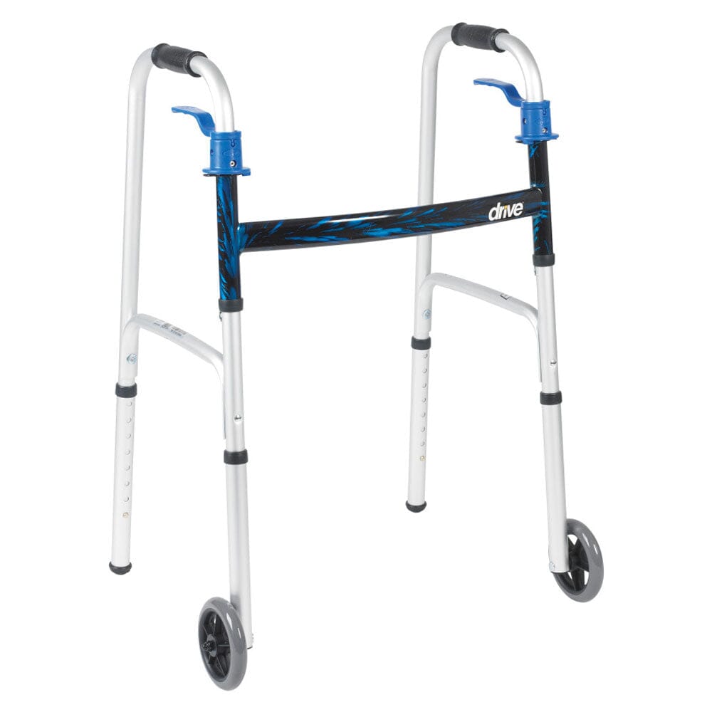 Image of Drive Deluxe Folding Patient Walker, Trigger Release, Adult, 350 lb Capacity, with 5" Wheels, Crossbrace, Flame Blue