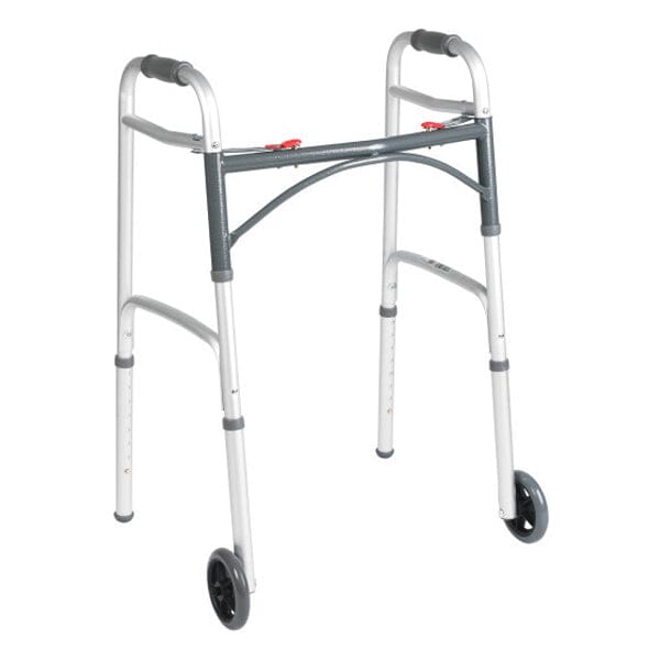 Image of Drive Deluxe Folding Patient Walker, Two Button, with 5'' Wheels, Junior, Assembled, 350 lb Capacity, 24'' x 25'' to 32.25''