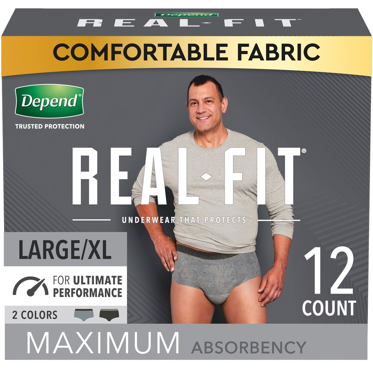 Image of Kimberly Clark Depend® Real Fit® Incontinence Underwear, Maximum Absorbency, For Male, Large/XL, 38'' to 50'' Waist, 44'' to 54'' Hip, Black/gray