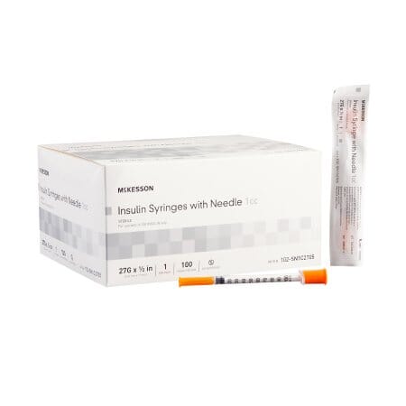 Image of McKesson Standard Insulin Syringe with Needle 1 mL 27G x 1/2" Regular Wall Non Safety