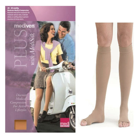 Image of Mediven Plus Knee High Compression Stockings with Silicone Top Band Size 4, Petite, 30 to 40mm Hg Compression, Open Toe, Unisex, Latex-free