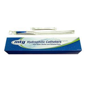 Image of MTG Hydrophilic Coude Tip Catheter, 16 Fr, 16" Vinyl Catheter with Sterile Water Sachet and Handling Sleeve