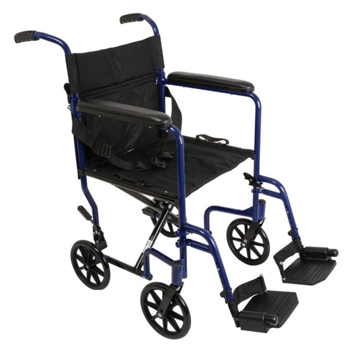 Image of PMI ProBasics™ Aluminum Transport Chair, with Swing Away Foot Rests, 19" Seat, Seat Depth 16" 300 lb Capacity, 22" x 37" Depth 38.75" Blue
