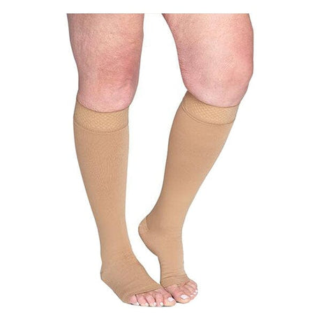 Image of Sigvaris 552C Style SECURE Calf Compression Stocking, Open Toe, with Grip-Top, 20 to 30mmHg, 2XL, Long, Beige