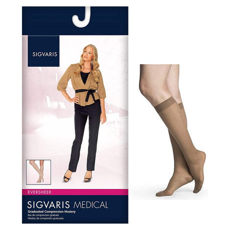 Image of Sigvaris 782 Style Sheer Calf Compression Stocking, Knee High, Closed Toe, 20 to 30mmHg, Small, Short, Toasted Almond