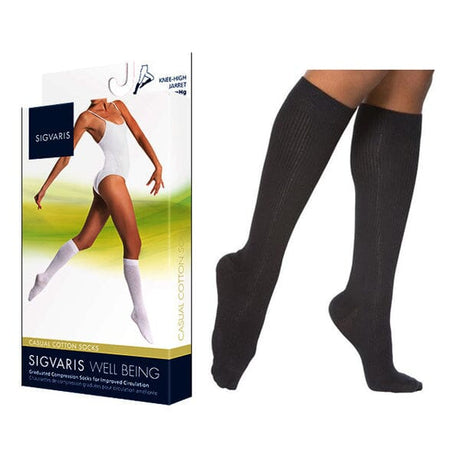 Image of Sigvaris Casual Cotton Compression Socks, Calf-High, 15 to 20 mmHg, 7" to 9" Ankle Circumference, Size A, Black