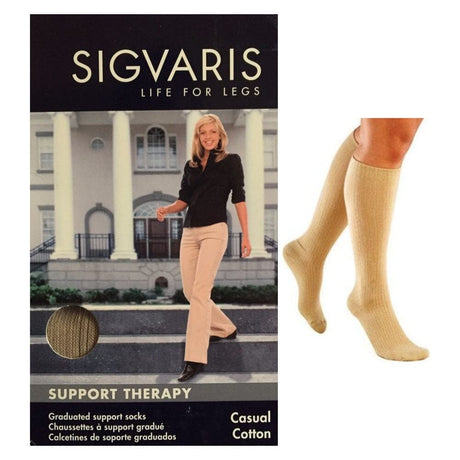 Image of Sigvaris Casual Cotton Compression Socks, Calf High, for Women, 15 to 20 mmHg, 7" to 9" Ankle Circumference, Size A, Closed Toe, Khaki