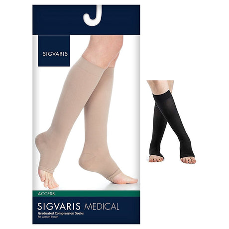 Image of Sigvaris Dynaven Compression Stocking, Calf, Open Toe, 20 to 30mmHg, Unisex, Large, Long, Black