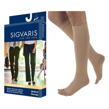 Image of Sigvaris Natural Rubber Compression Stocking, Calf, Open Toe, 30 to 40mmHg, Size S1, Unisex, Beige