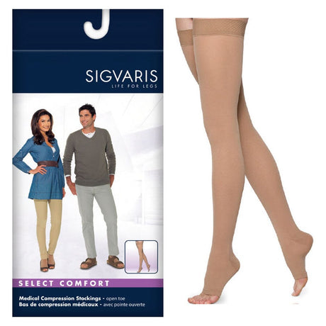 Image of Sigvaris Select Comfort Compression Stocking, Thigh-High, 30 to 40mmHg, with Grip Top, Open Toe, Small, Short, Crispa