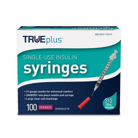 Image of Trueplus Single-Use Insulin Syringe, 31G x 5/16", 1 mL (100 Count)