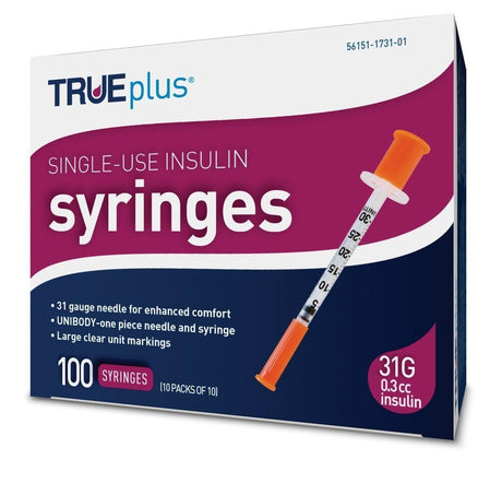 Image of Trueplus Single-Use Insulin Syringe, 31G x 5/16", .3 mL (100 Count)